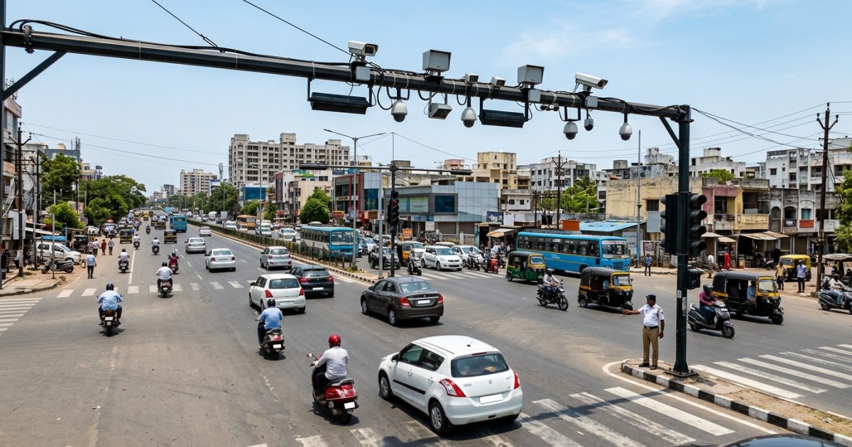 Traffic intersection with traffic signals and surveillance cameras under new traffic rules