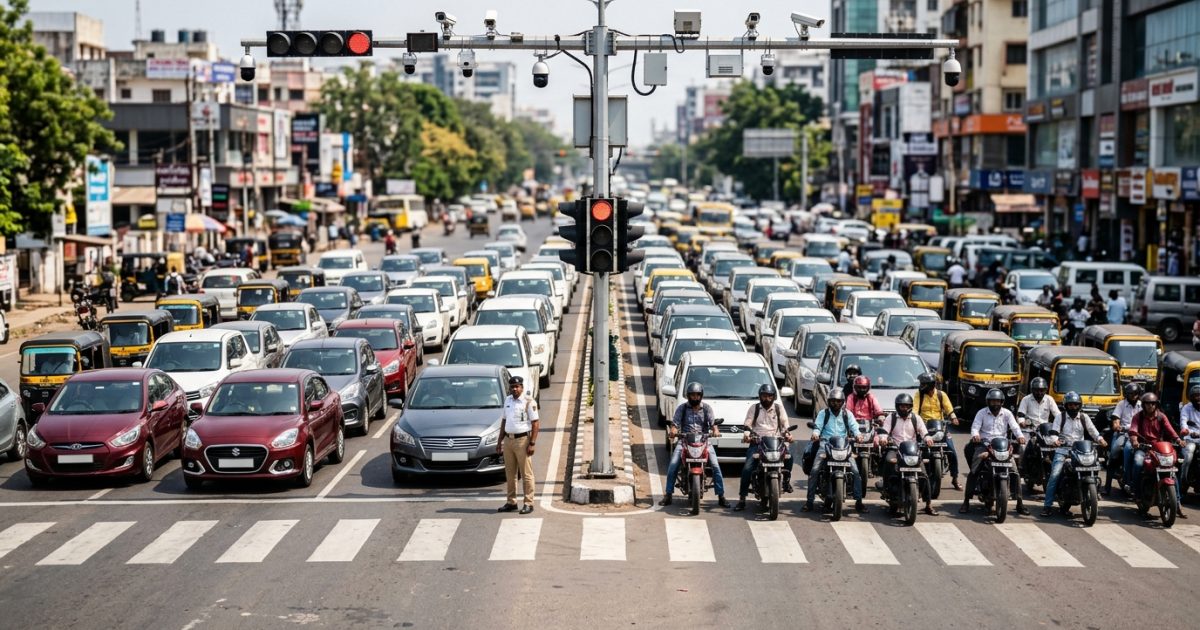 Indian traffic police officer and AI surveillance cameras enforcing new traffic rules on a busy road