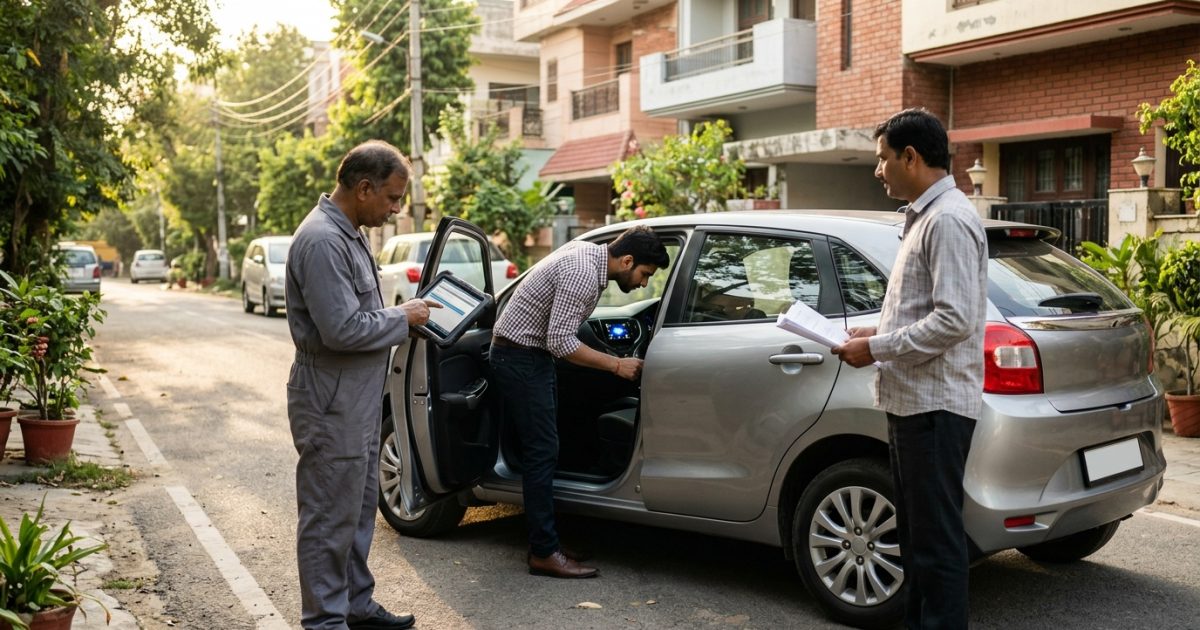 Car buyer conducting an odometer tampering check on a used car dashboard in India