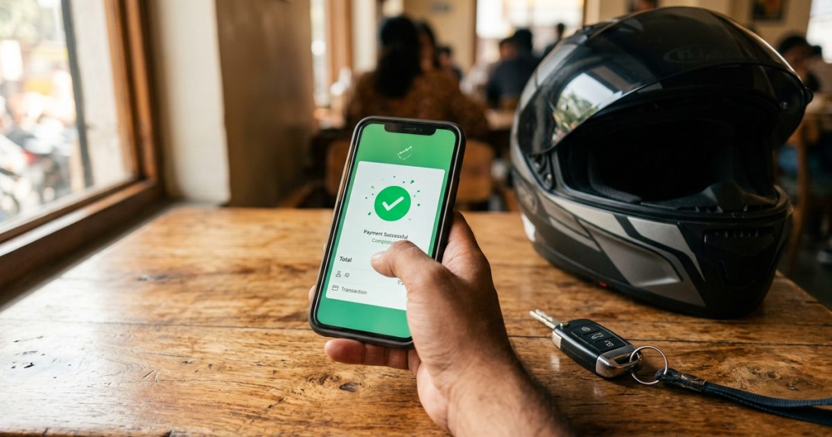 Driver using a smartphone to pay challan online after due date beside car keys