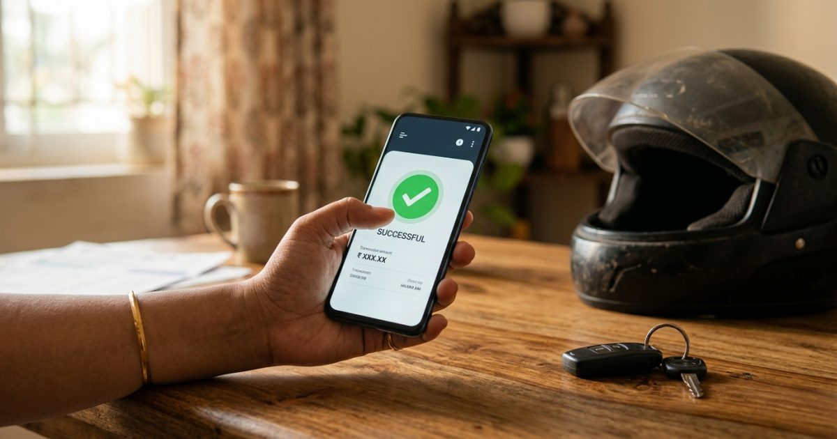 Motorist preparing to pay challan online on a smartphone next to car keys