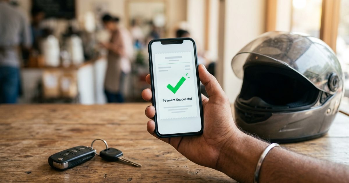 Vehicle owner holding smartphone to pay traffic fine online in India