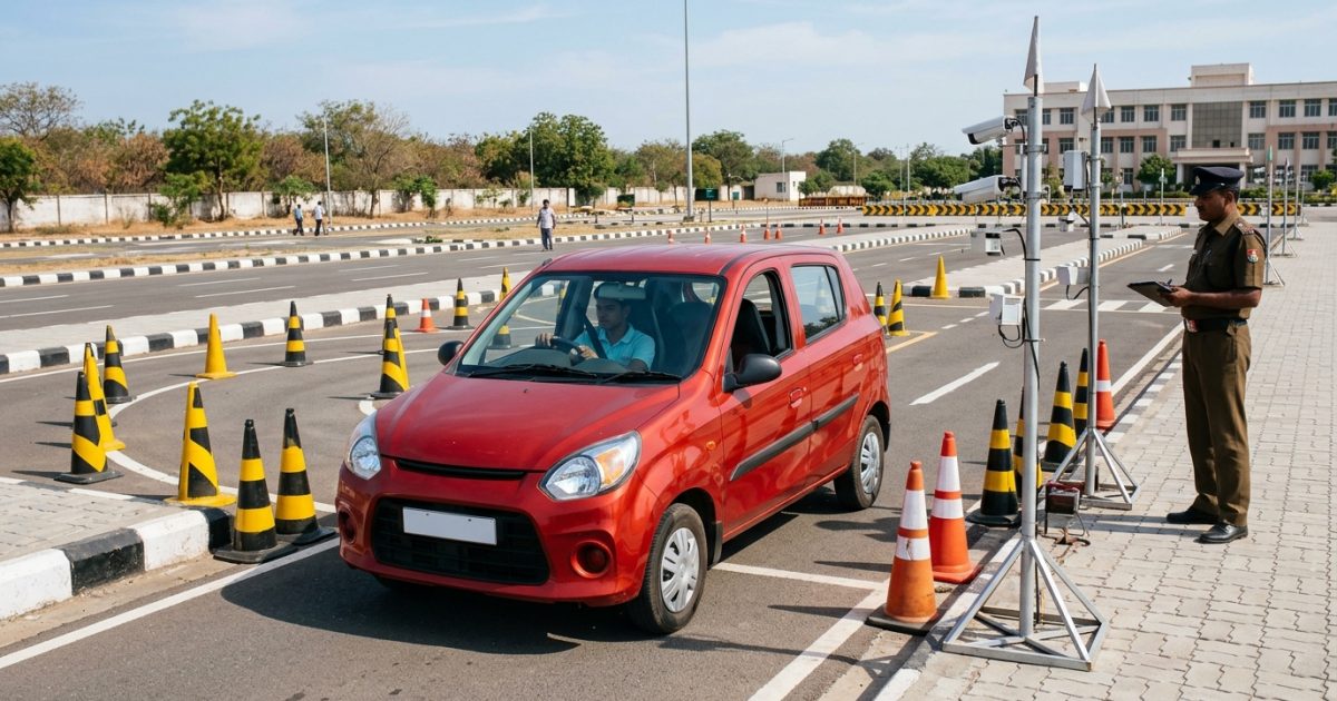 Young Indian applicant sitting in a hatchback preparing for a permanent driving licence test