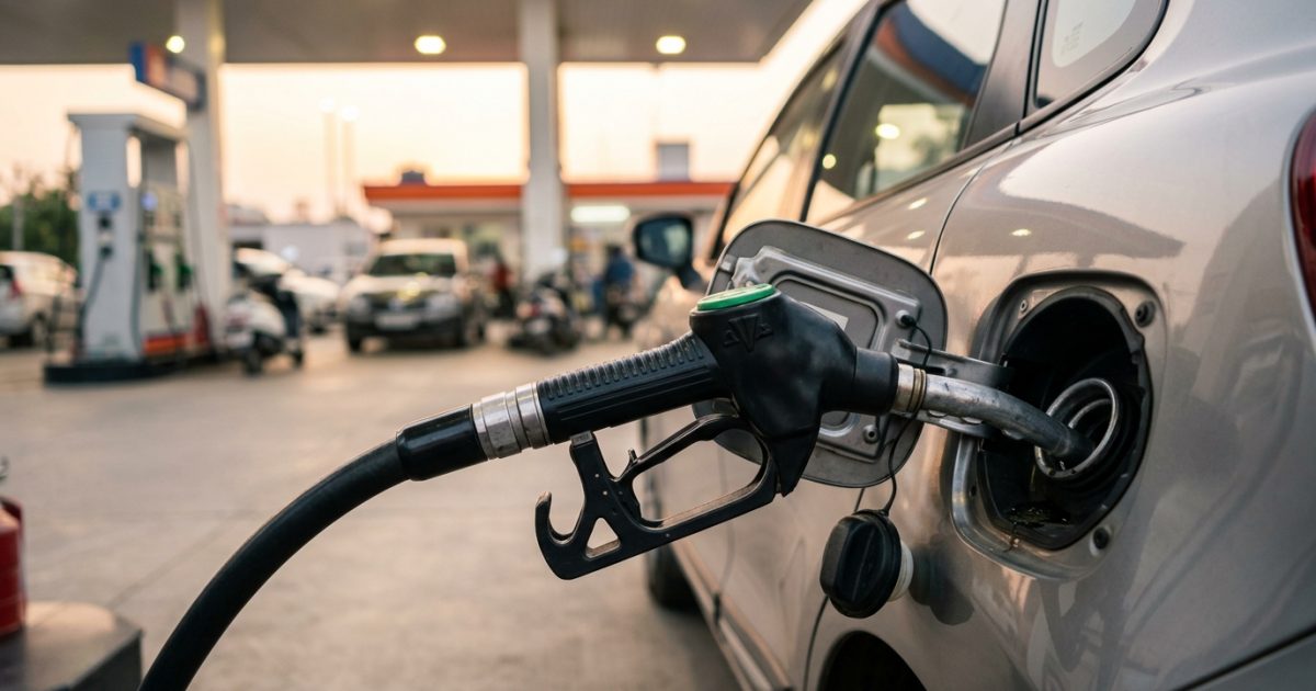 Fuel dispenser nozzle dispensing fuel into a car tank at an Indian fuel station
