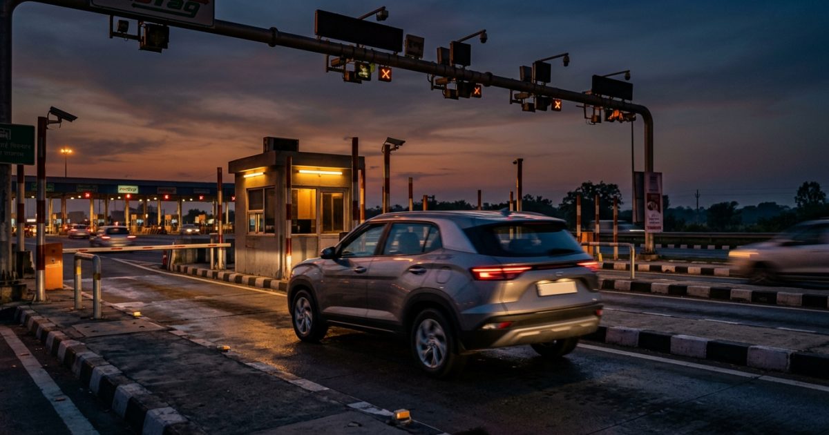 Vehicle passing through highway toll lane illustrating a digital PUC certificate check