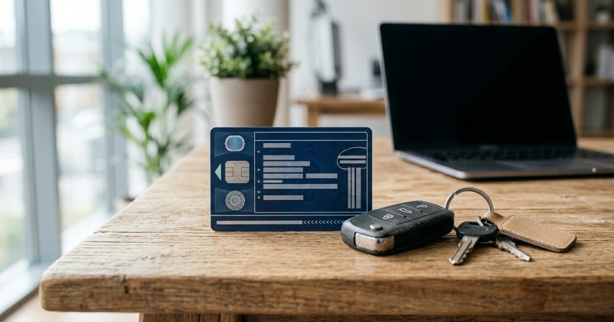 Smart card vehicle registration certificate and car keys on a desk for rc address change online