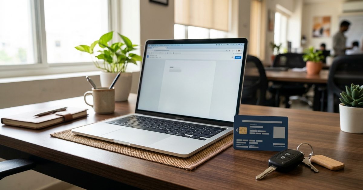Vehicle registration certificate card and car keys beside a laptop for rc renewal online