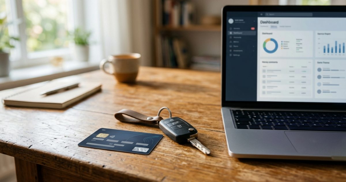 Vehicle registration card and car key on desk for rc status check online