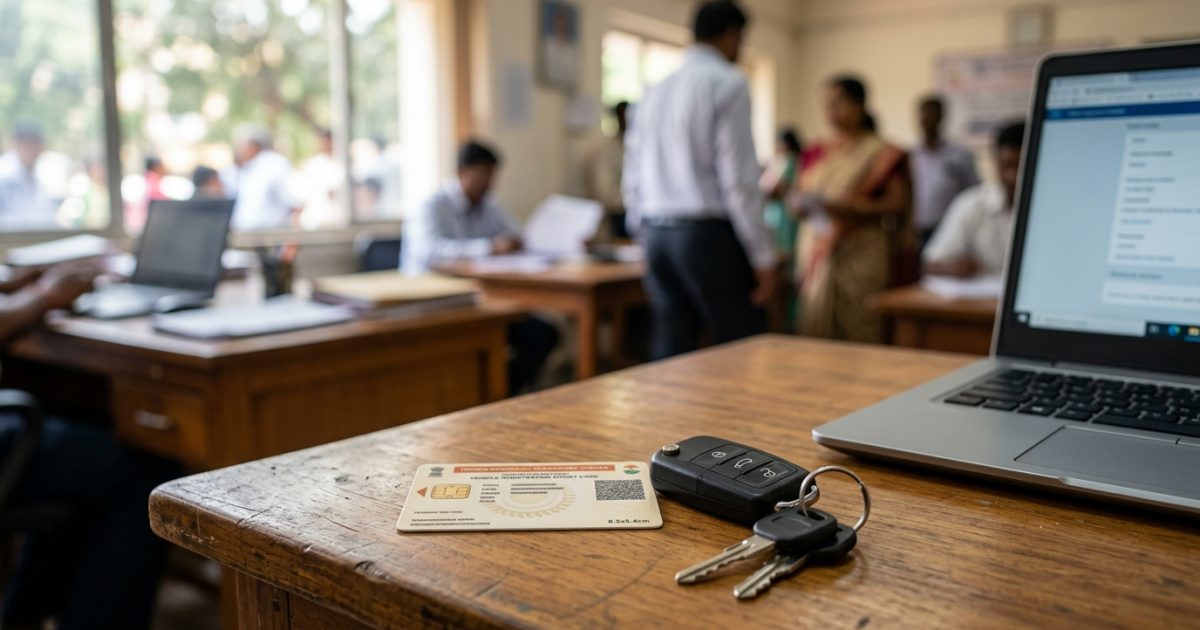 Vehicle registration certificate card beside car keys on a desk for rc status check online