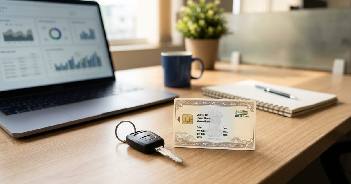 Smart card vehicle registration certificate and car keys on an office table for rc transfer online