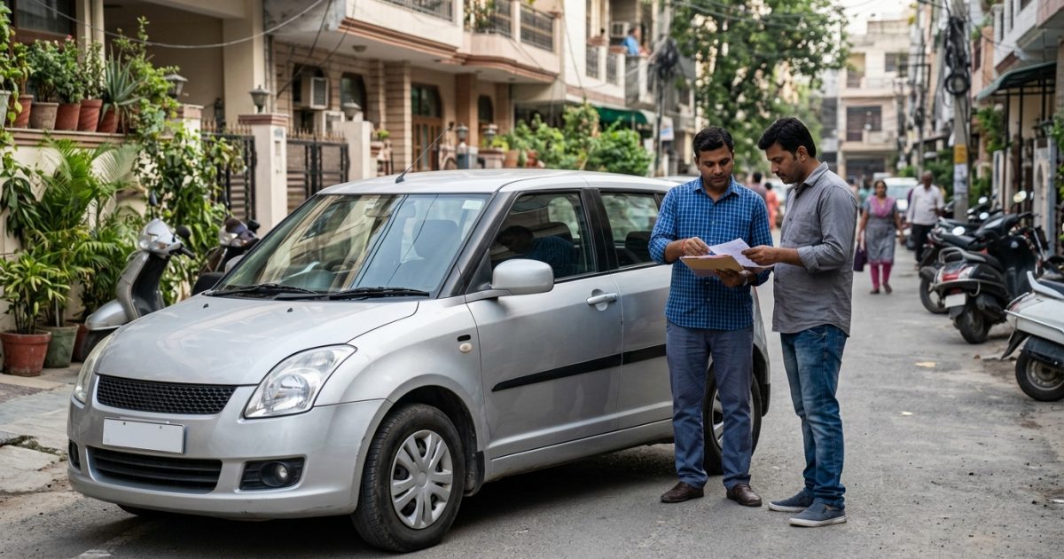 Car buyer and seller reviewing vehicle documents for rc transfer online