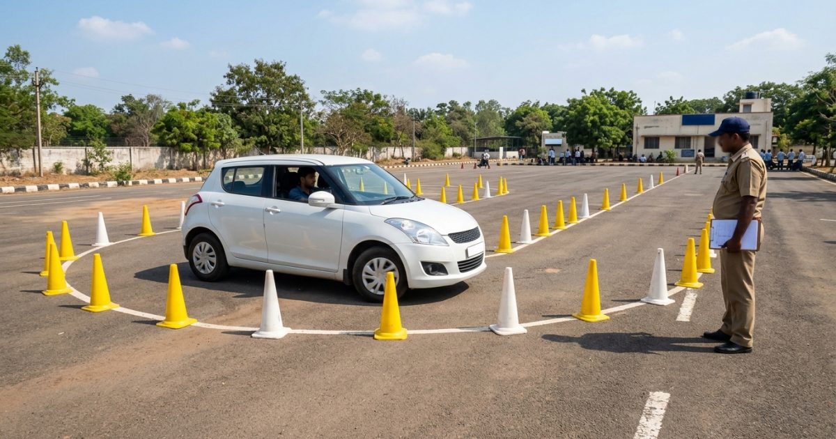 Driver completing an automated track skill evaluation under Sarathi Parivahan testing protocols
