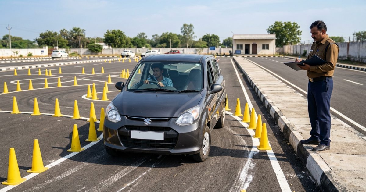 Indian driver taking an RTO driving licence test on a track for Sarathi Parivahan slot