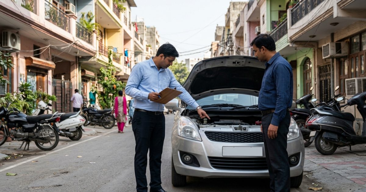 Buyer conducting a pre-purchase second hand car check on a vehicle parked on an Indian street