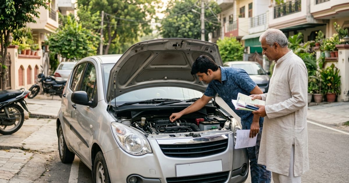 Indian buyer doing a second hand car check with vehicle papers on a residential street