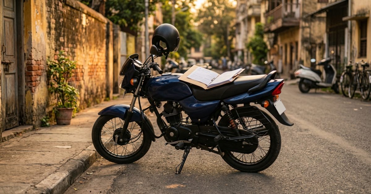 Motorcycle parked on an Indian street with insurance policy documents on the seat