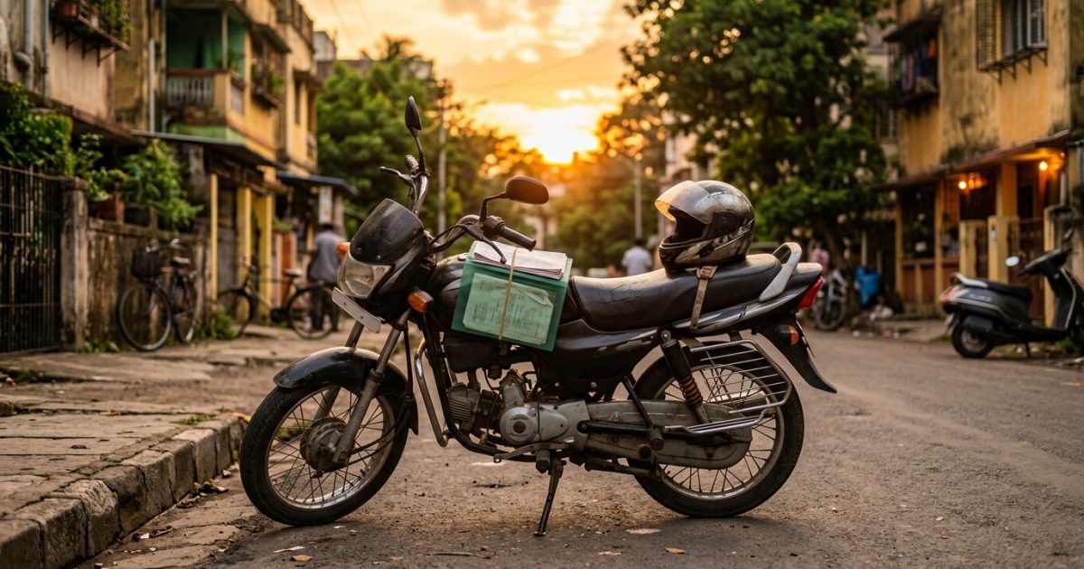 Motorcyclist checking insurance policy documents next to parked commuter bike
