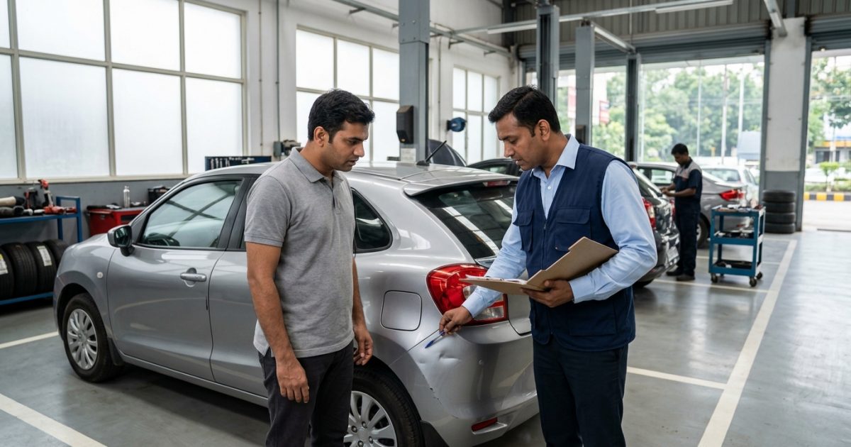 Car owner reviewing third party car insurance documents with vehicle inspector in India
