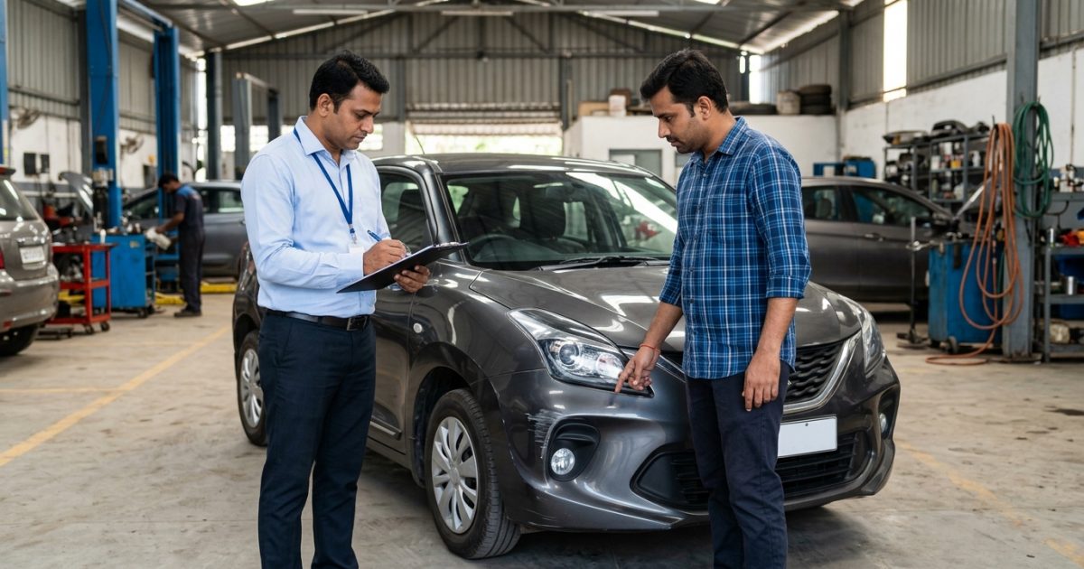 Car surveyor and owner assessing vehicle damage for third party vs comprehensive car insurance