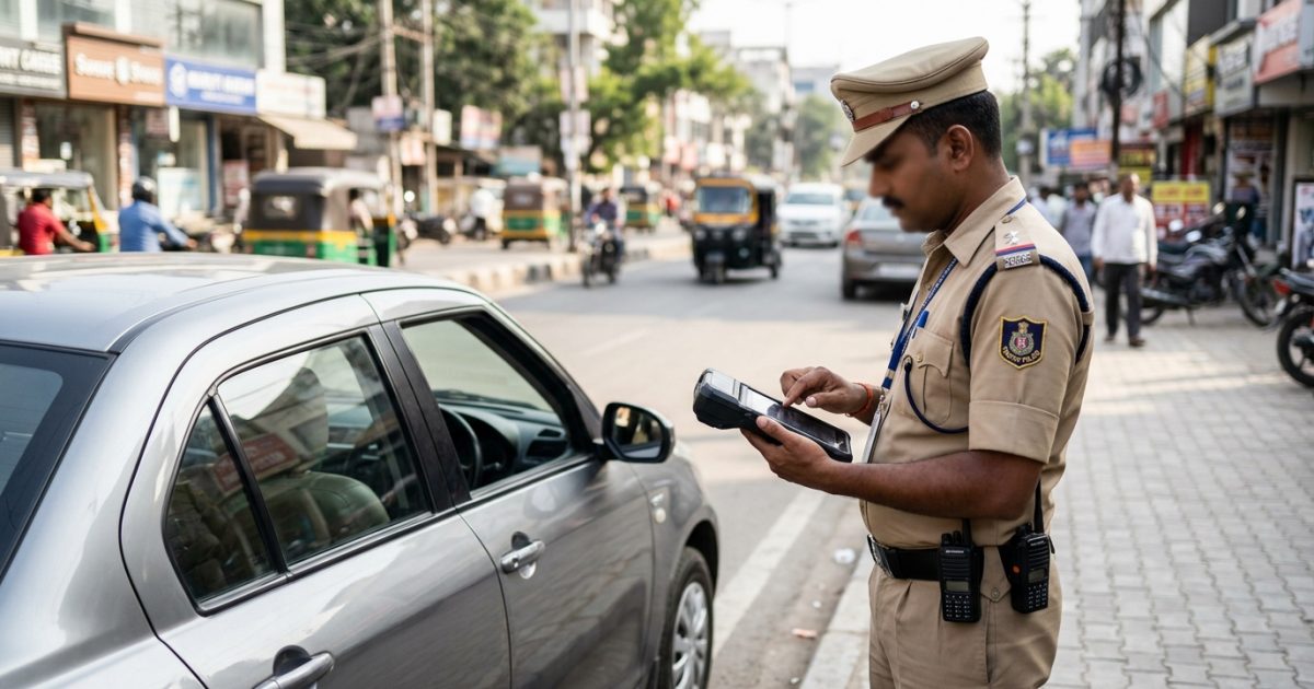 Traffic police officer reviewing traffic challan check online status on a handheld terminal