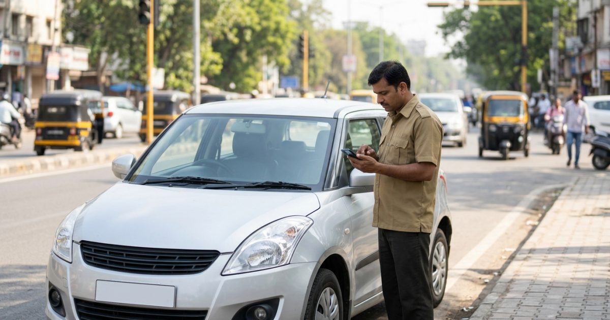 Driver completing a traffic challan check online on smartphone beside an Indian city road