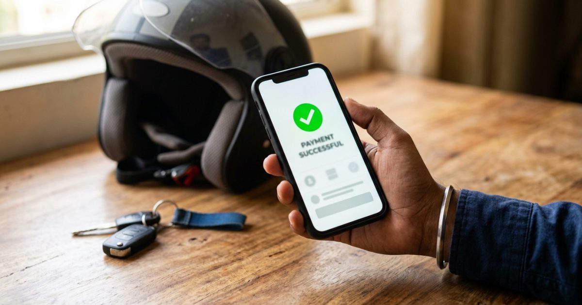 Motorist completing a traffic challan payment on a smartphone using a UPI app
