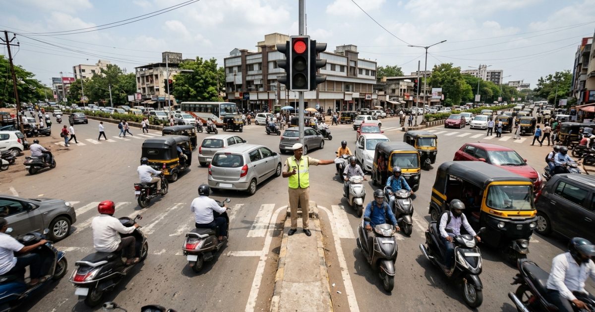 Indian traffic police officer managing vehicle flow at an urban road junction
