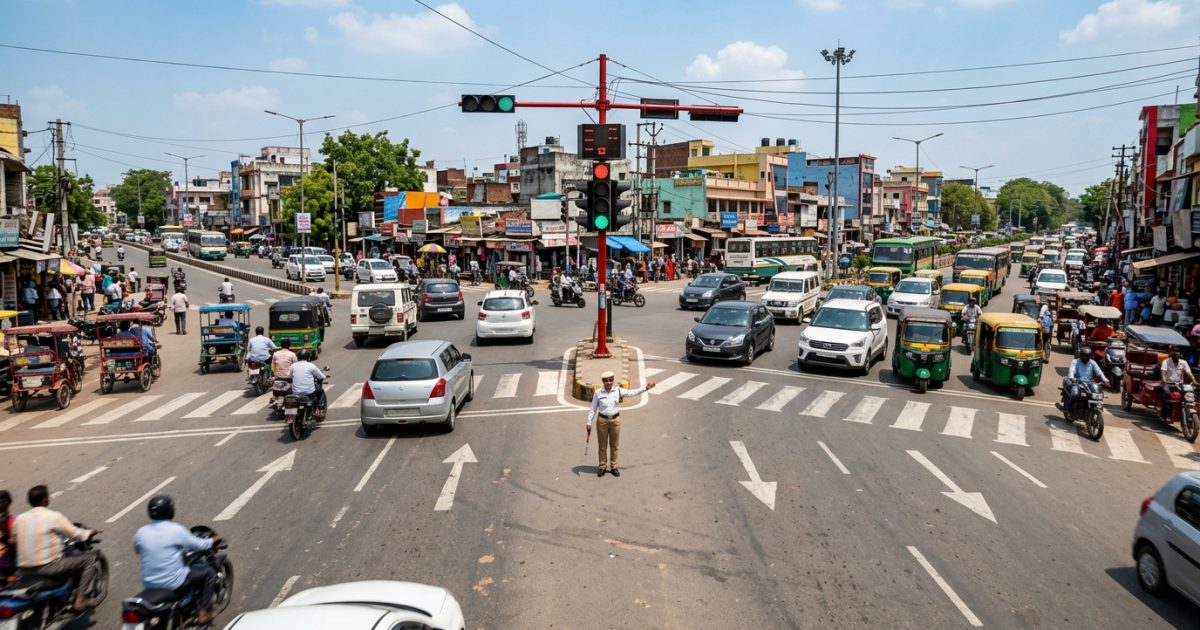 Indian traffic junction with automated signals and police enforcing the traffic fine list