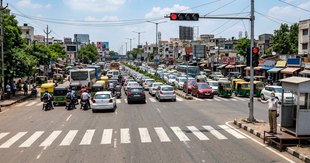 Busy Indian road junction showing traffic rules in India compliance and traffic light signal