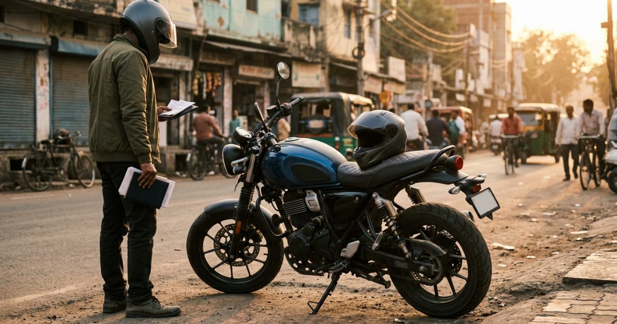 Two wheeler insurance check being conducted on a smartphone next to a motorcycle