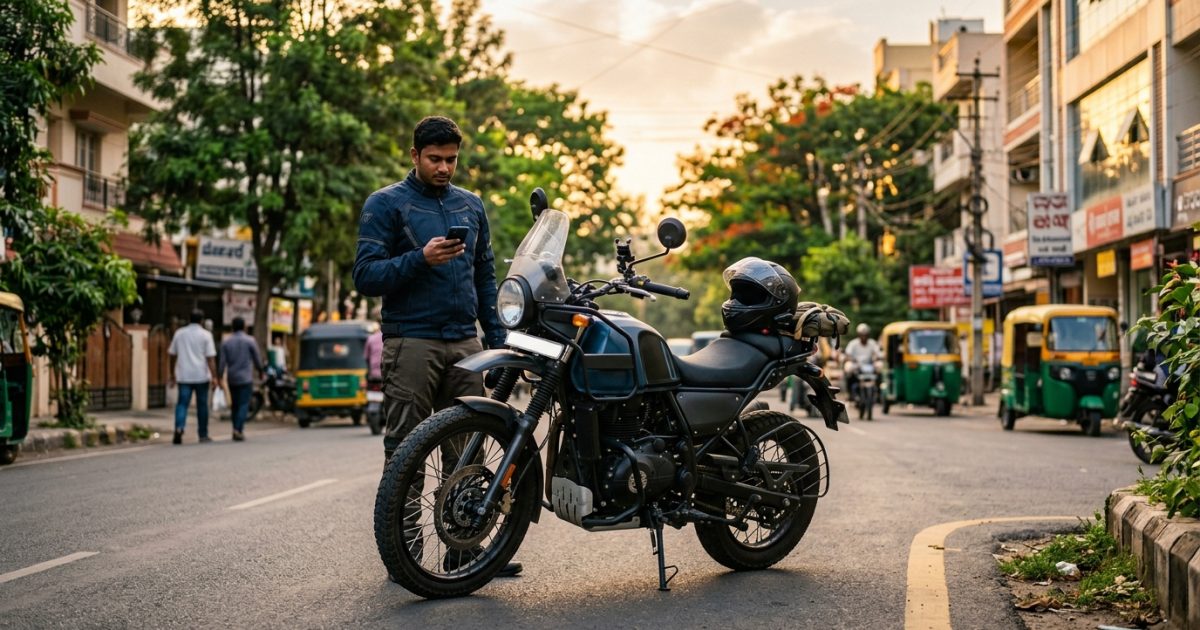 Motorcyclist checking smartphone beside a parked bike for a two wheeler insurance check