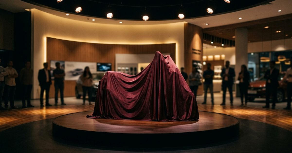 Covered motorcycle on display stage ahead of new bike launch in India