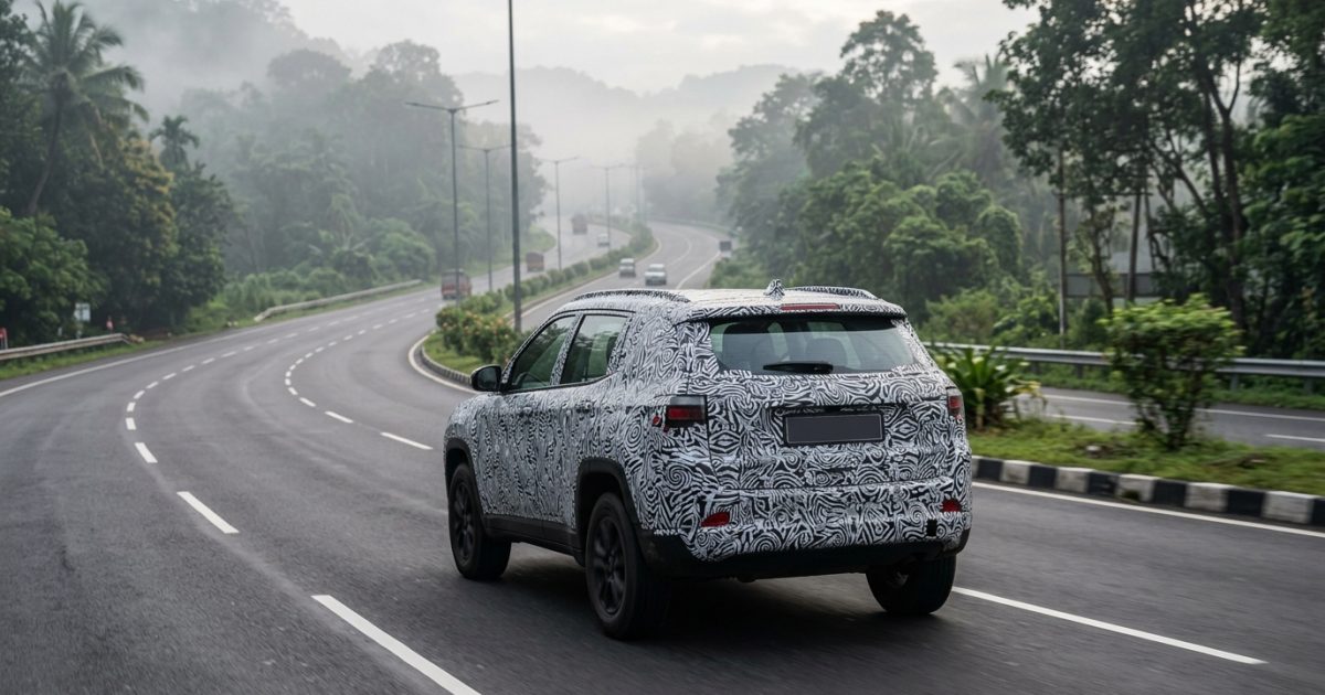 Camouflaged prototype of an upcoming car launch driving on an Indian highway