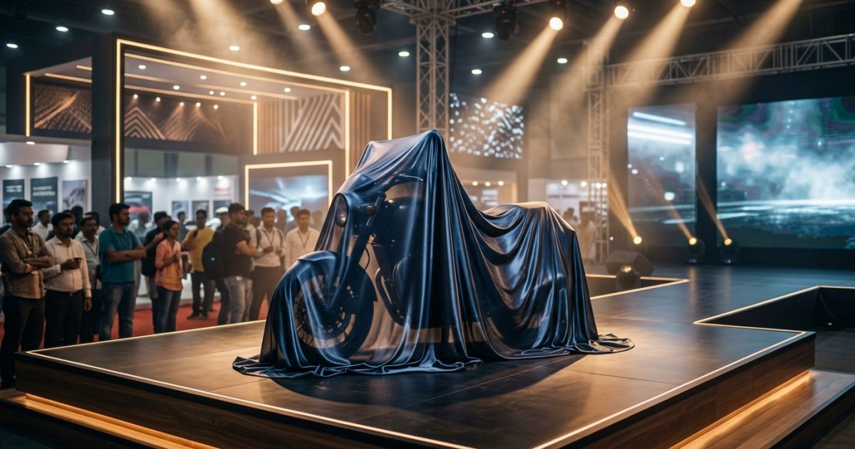 Lineup of upcoming Royal Enfield bikes in India covered on a display stage