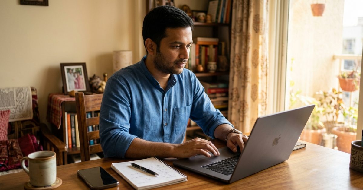 Person accessing portal to update mobile number in Parivahan on laptop