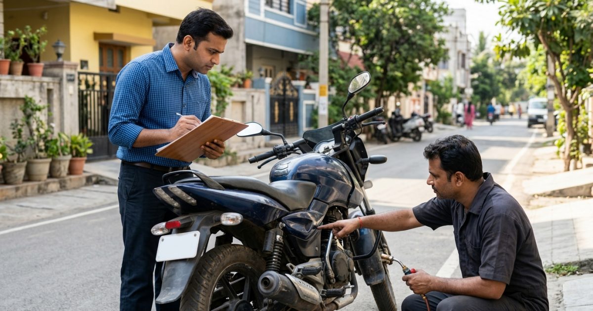 Mechanic and buyer reviewing a used bike buying checklist next to a motorcycle