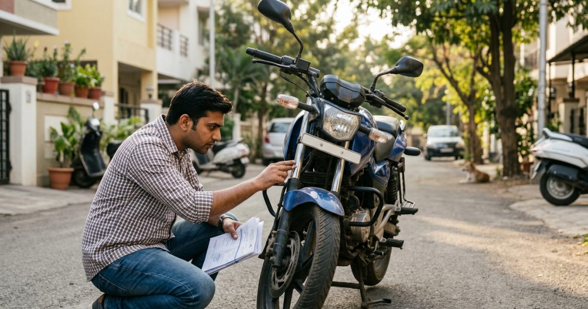 Indian buyer checking chassis and documents using a used bike buying checklist