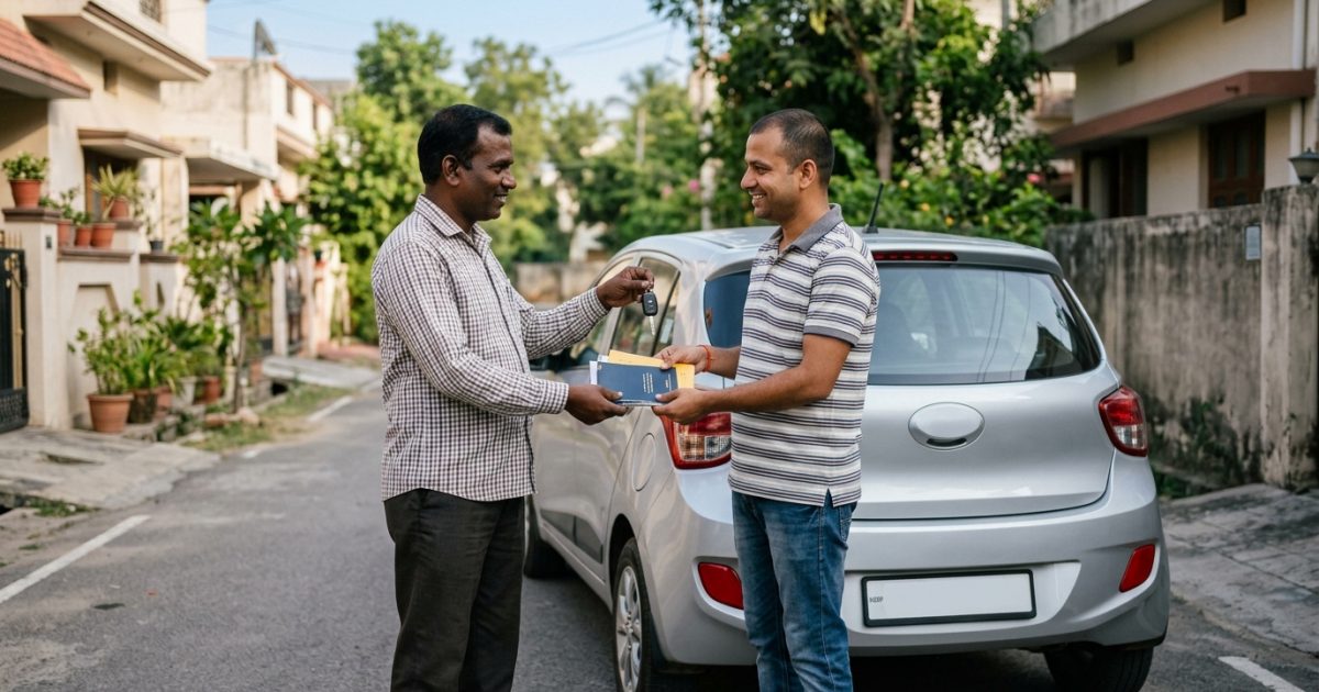 Seller handing over used car documents and car keys to a buyer in India