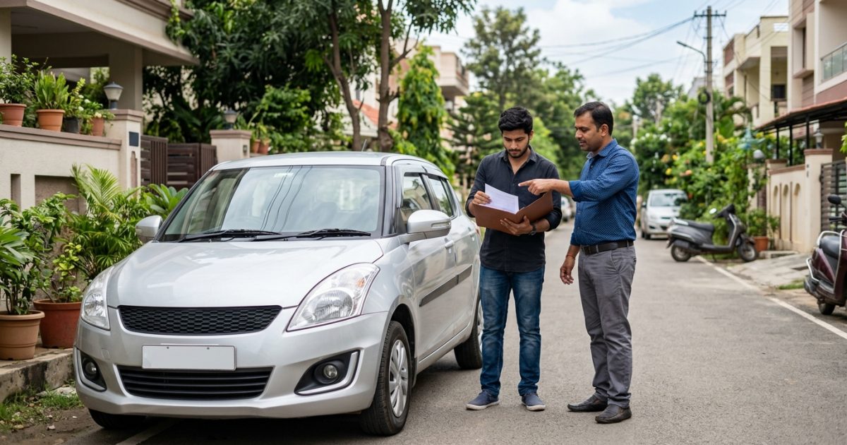 Buyer and seller reviewing used car documents next to a vehicle in India