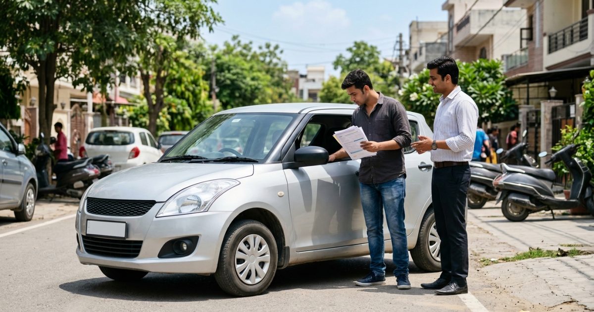 Buyer examining paperwork to avoid used car scams in India