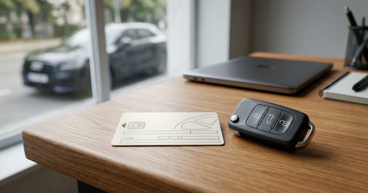 Vehicle registration certificate smart card and car key placed on a table
