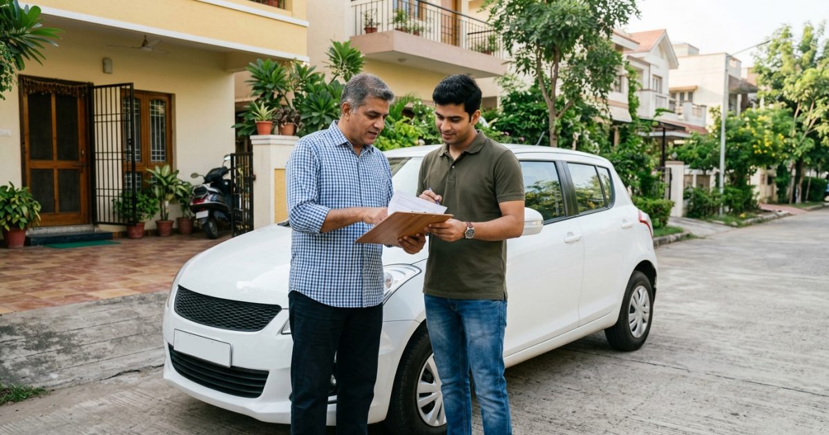 Two people reviewing a vehicle sale agreement beside a parked car