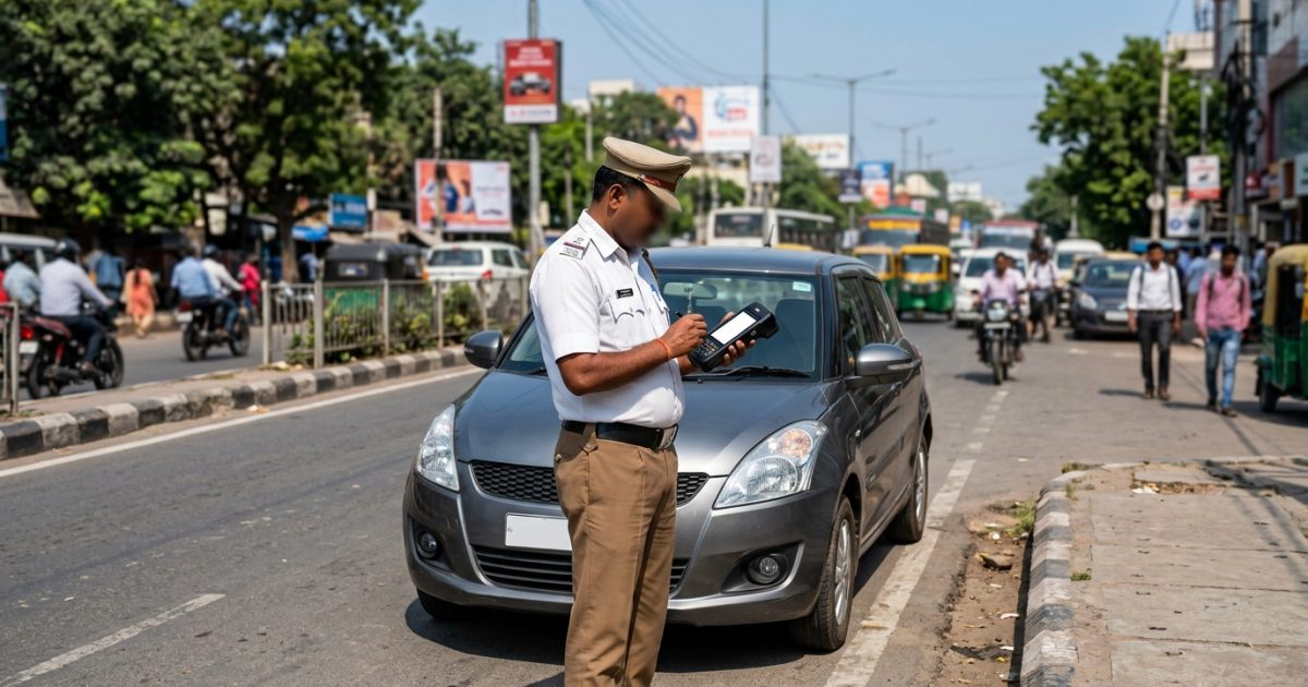Indian traffic police officer using handheld device during a virtual court challan check on road