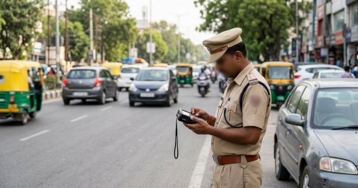 Traffic police officer checking electronic challan records on an electronic handheld device