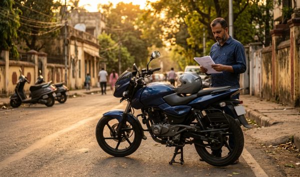 Motorcyclist checking 5 year bike insurance renewal documents beside a parked motorcycle