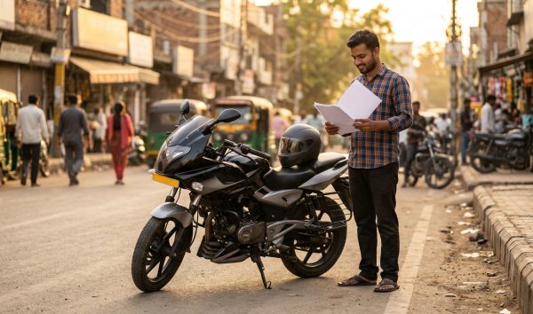 Motorcyclist checking insurance documents beside a parked two-wheeler