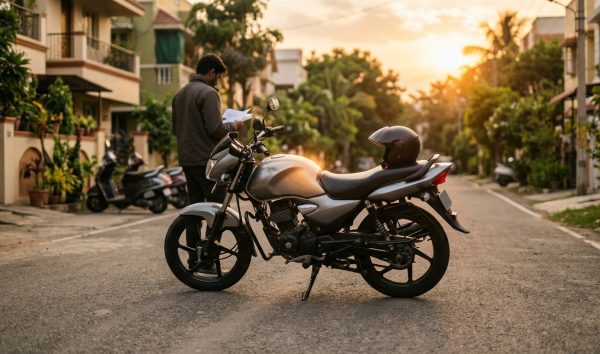 Motorcycle parked outdoors with helmet on seat illustrating bike insurance online renewal