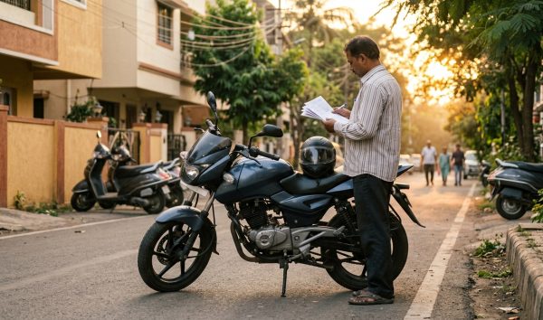 Motorcycle parked on an Indian street with a helmet on the seat during sunset