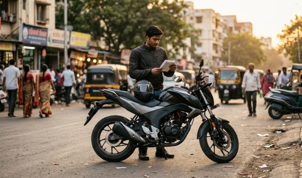 Motorcycle parked outdoors with rider holding policy papers for bike insurance renewal