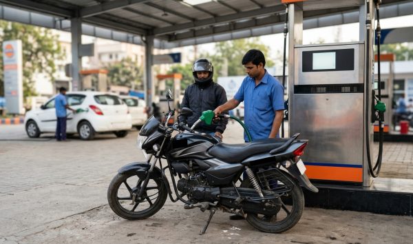 Motorcycle being refuelled at an Indian fuel station showing practical bike mileage tips